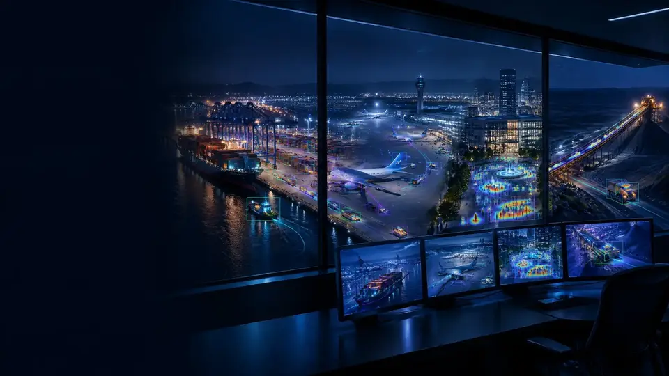 Sala de controle com monitores mostrando análises de vídeo de porto, aeroporto e cidade