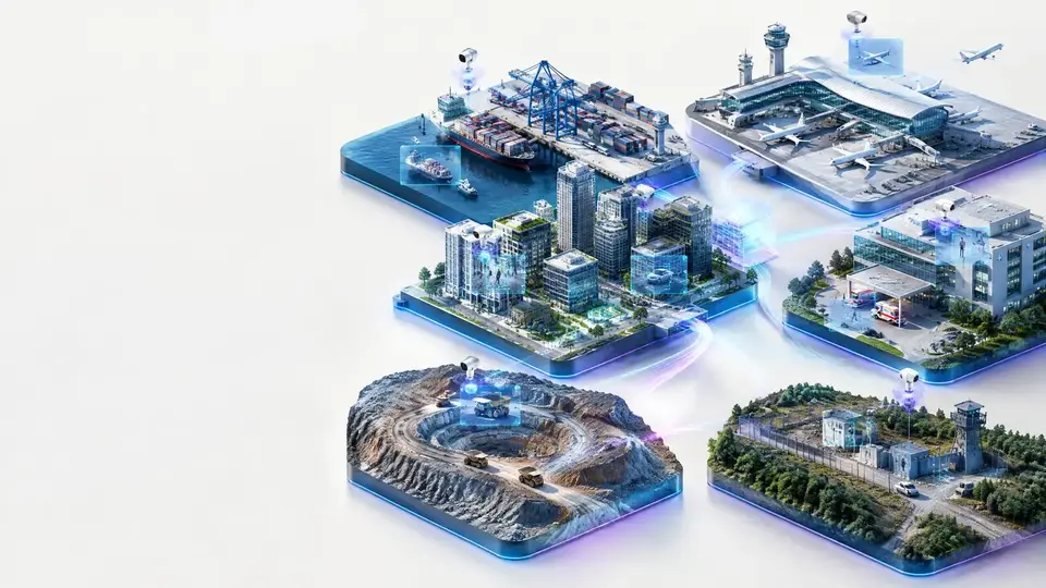 Illustration of the environments Omnicog serves: port, airport, city, mine, hospital and industry