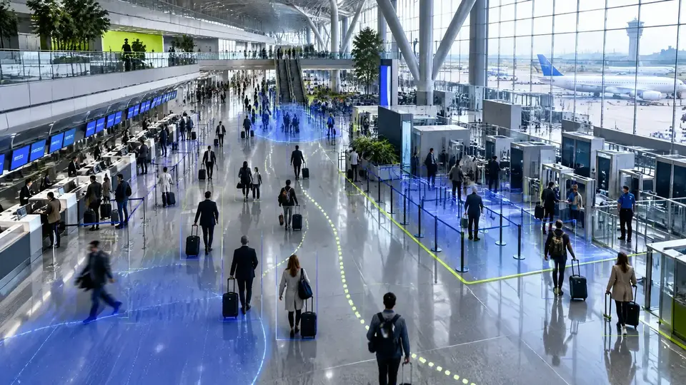 Saguão de aeroporto com filas e fluxos de passageiros destacados