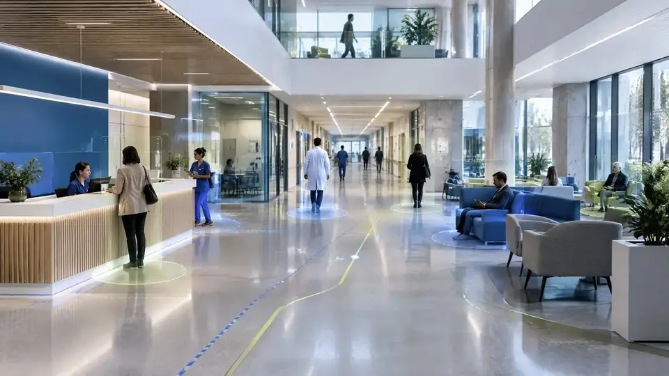 Recepção de hospital com circulação de pacientes e equipes
