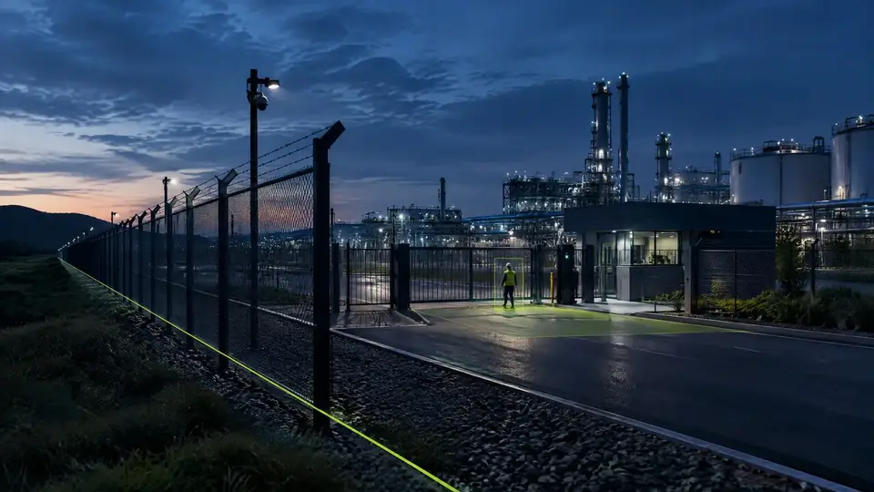 Cerca de perímetro industrial ao anoitecer com linha virtual de detecção